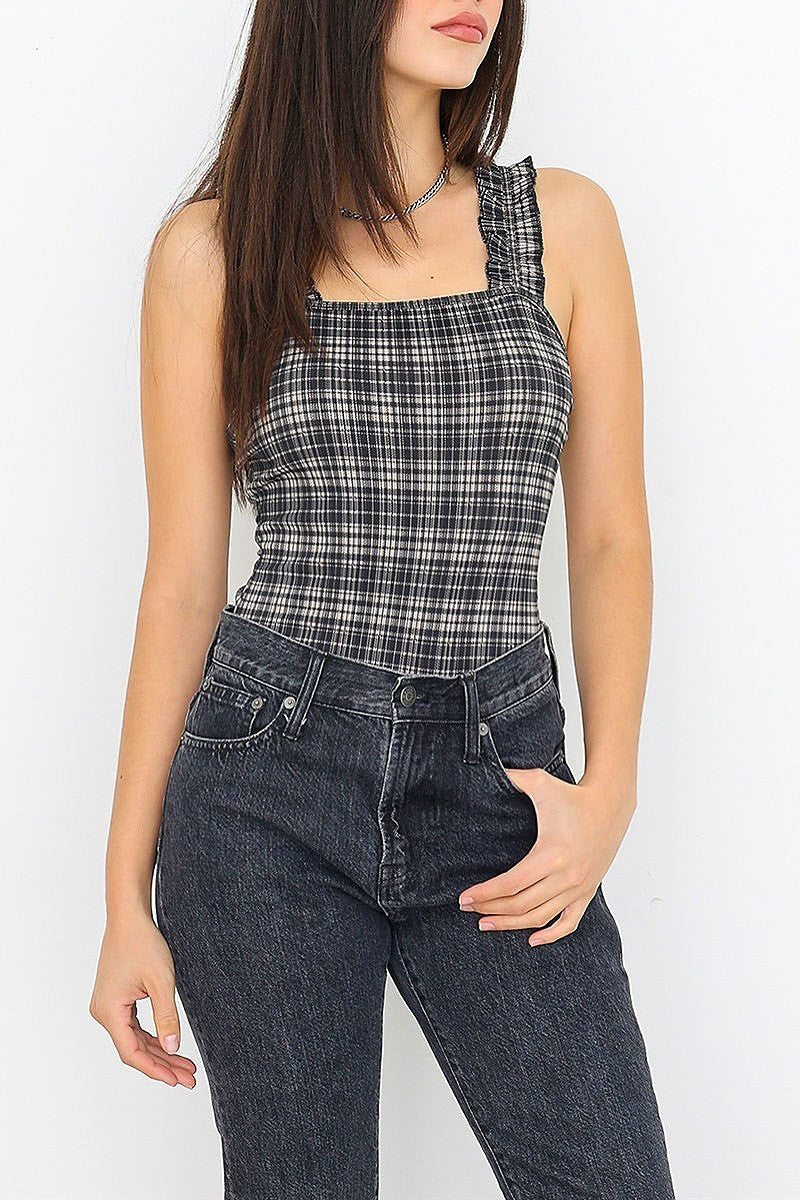 Ruffle detail strap plaid bodysuit (TED1321)