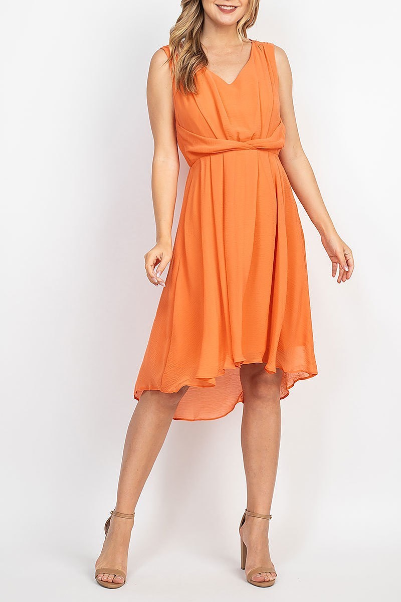 V neck twist waist flared hi lo dress (DED6849)