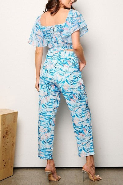 Crop top & belted pockets pants leag print set (EFWT9235)