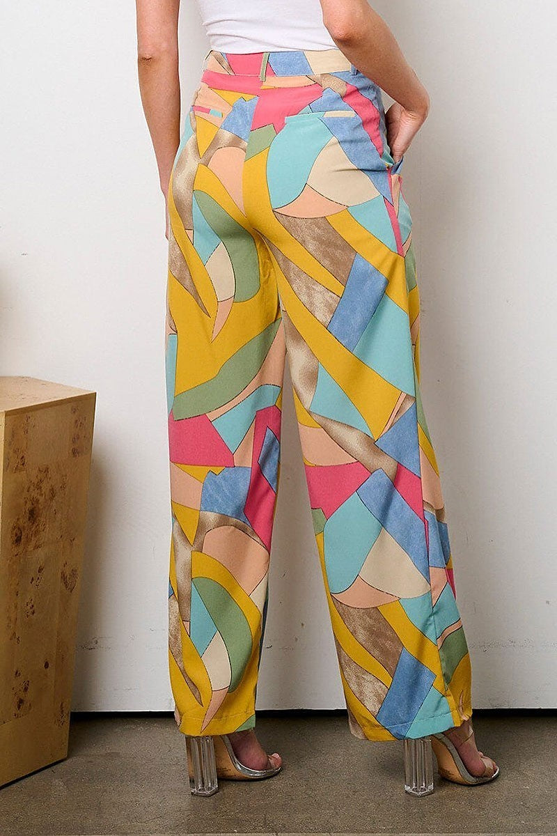 Button closure pockets multi print wide leg pants (EFWT9379)