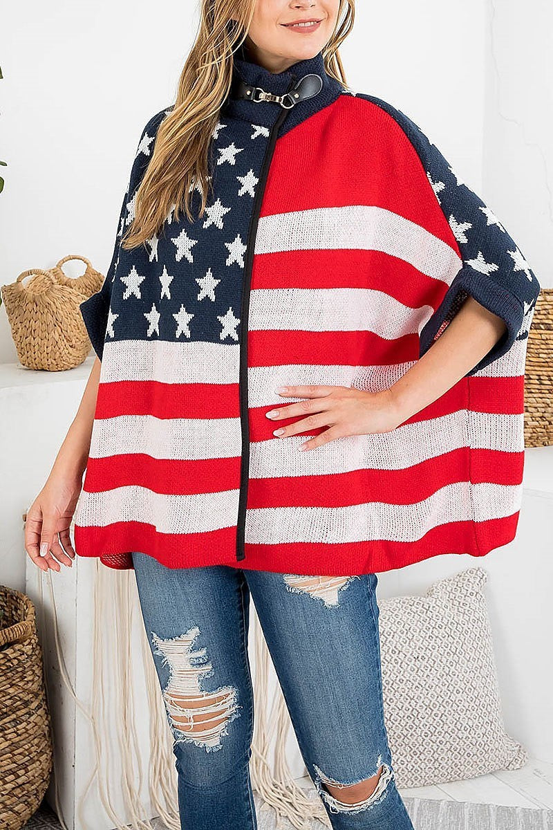 American flag knit w zipper n buckle lock poncho (DGS5400)