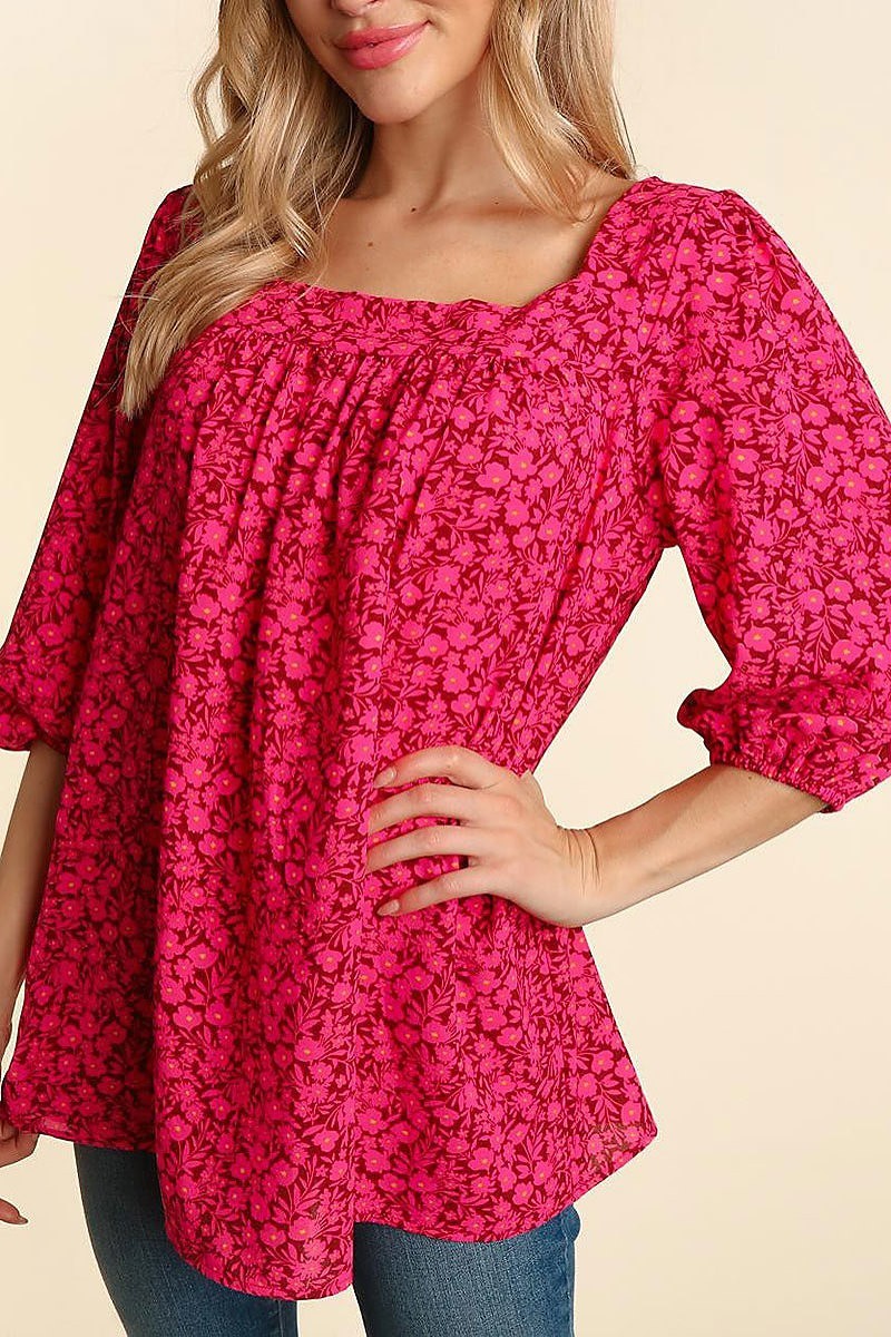 Three quarter sleeve small floral woven top (ETBM4428)