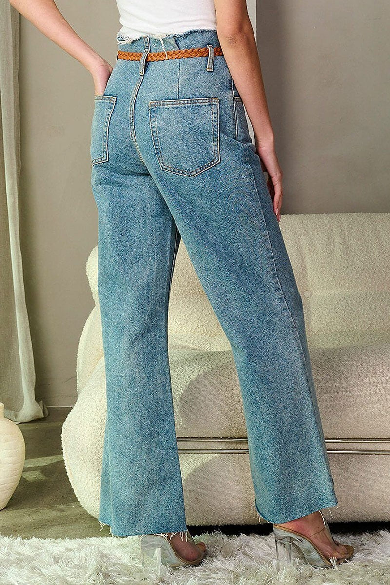 Button closure high waist belted denim pants (EFWT9309-1)