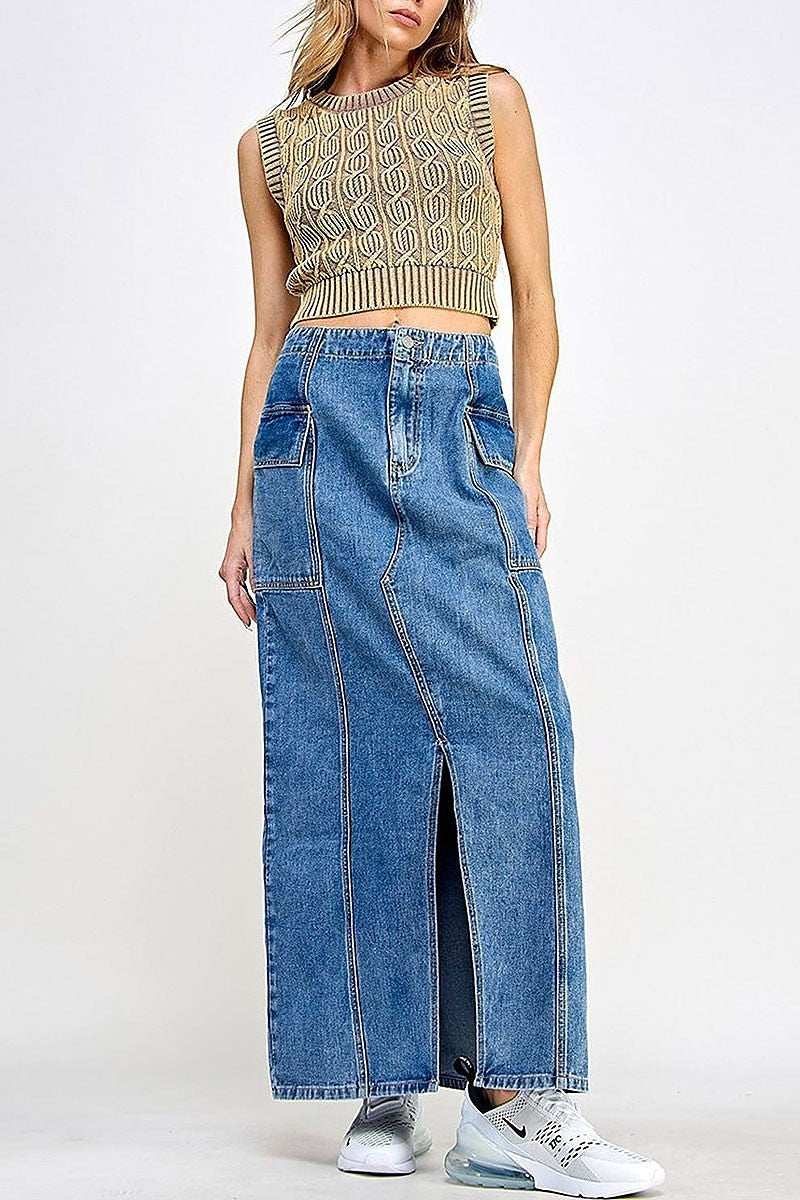 Button closure pockets front slit denim maxi skirt (EGWT2561)