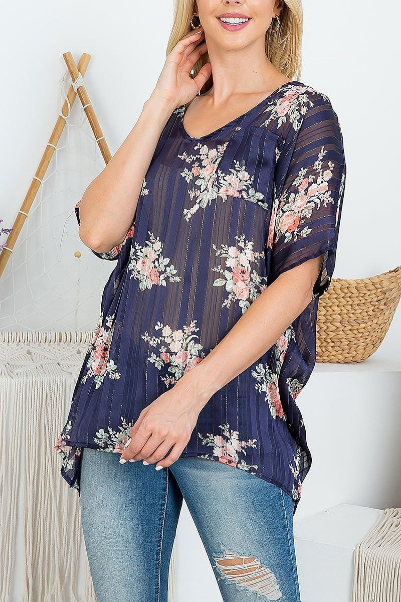 Stripe floral loose fit sheer top (EF4453)