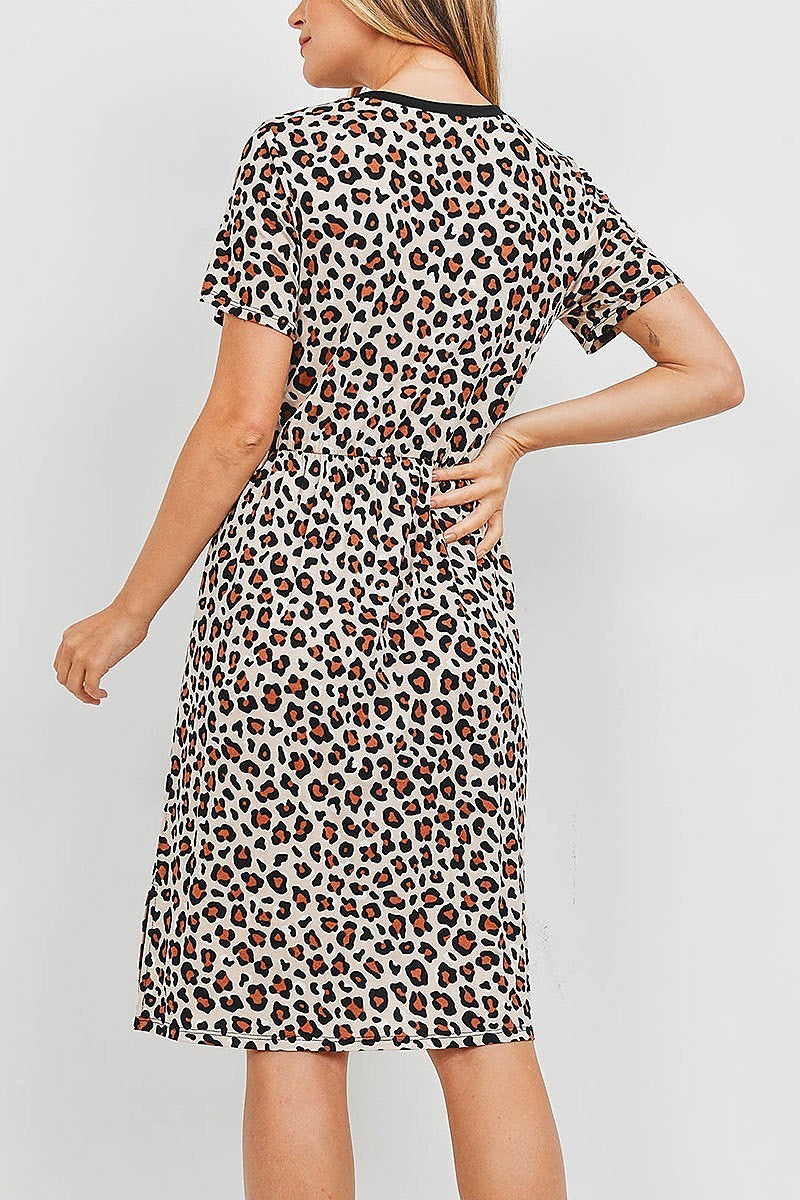 Solid neck band leopard pleated waist dress (DED6754)