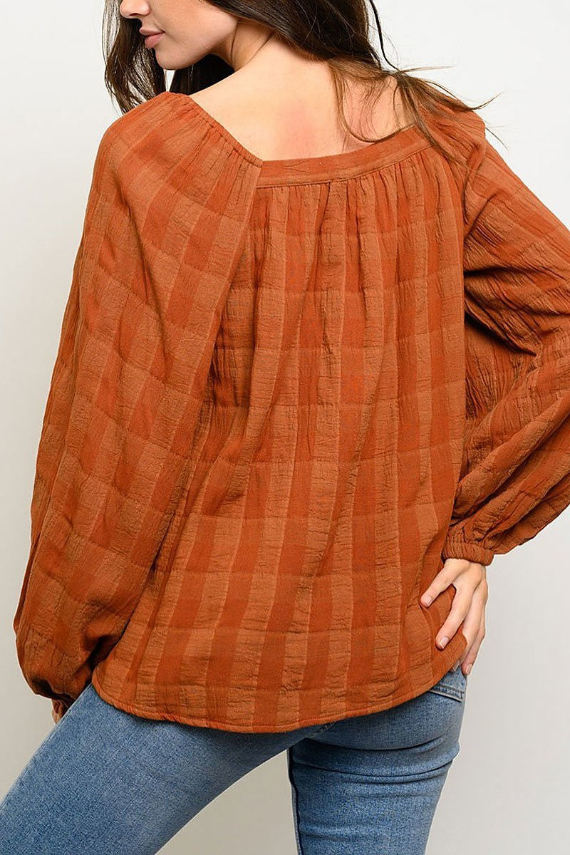 Long sleeve round neck plaid top (EDWT2806)