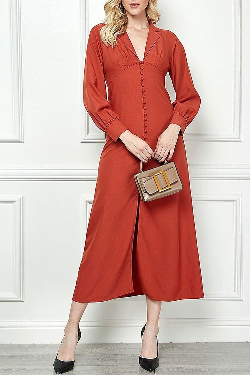 Long sleeve v-neck button up maxi dress (EGWT1335)