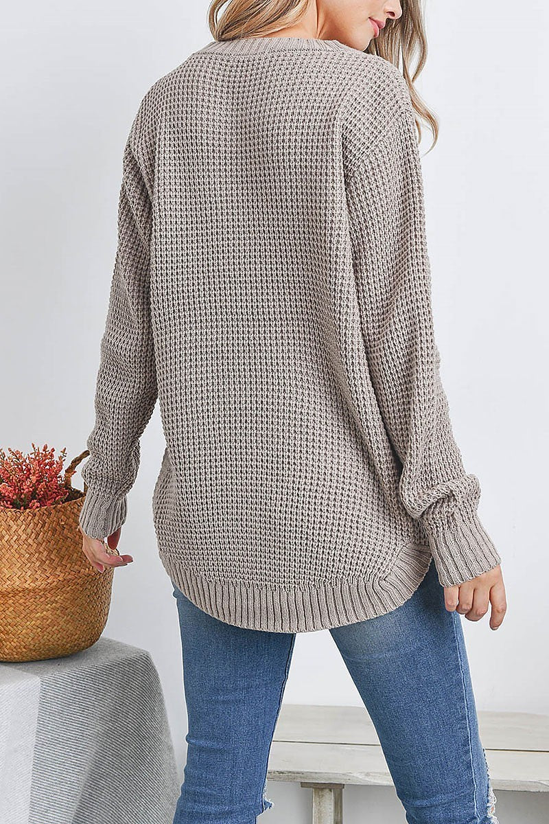 Hi low long sleeve round neck waffle sweater (DGS6739)