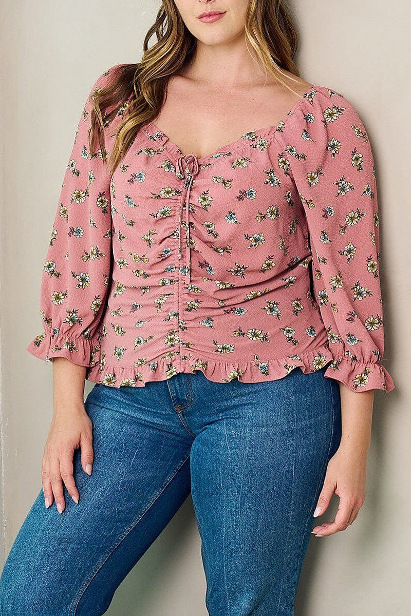 Front ruched floral blouse top (EFWT2936)