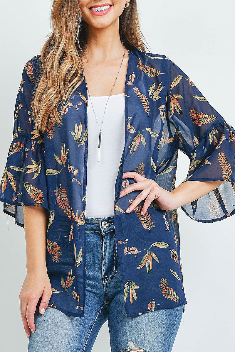 Leaf print sheer kimono top (ED9624)