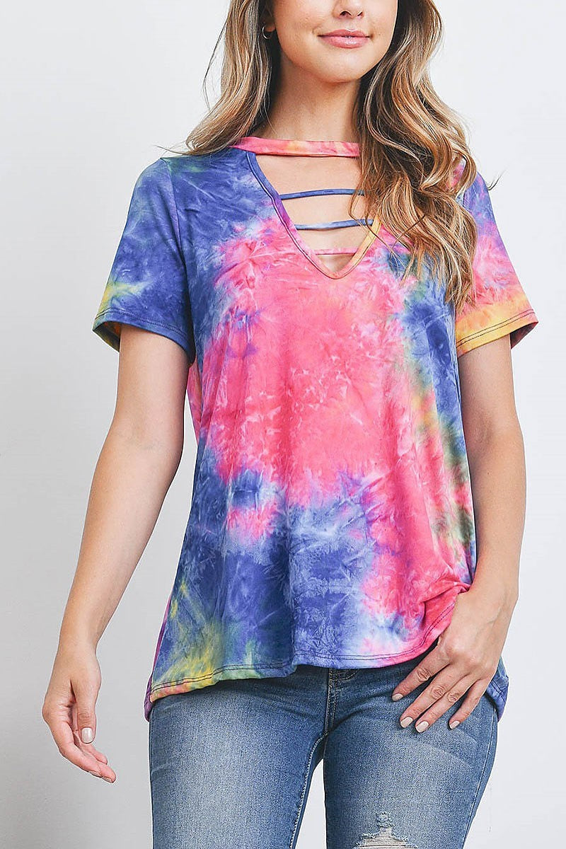 Tie dye keyhole v neck top (EF3242)