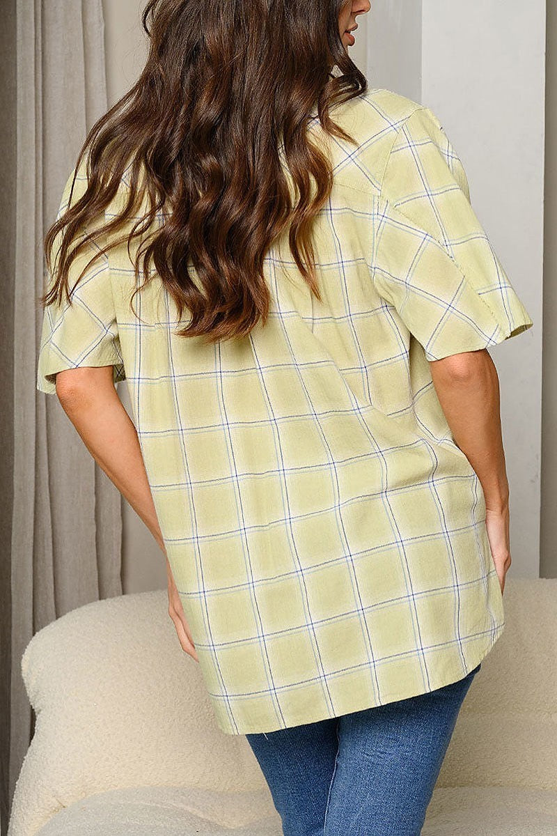 Short sleeve button up plaid top (EDWT7899)