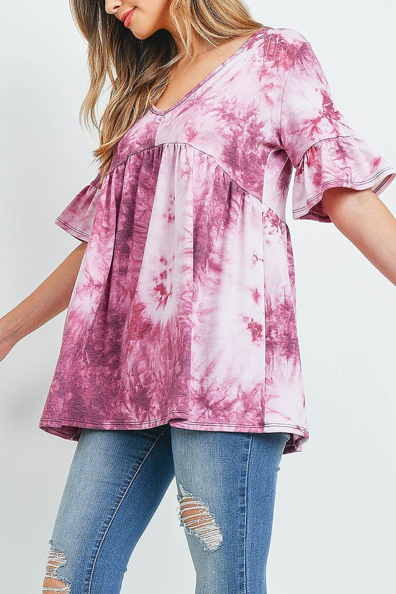 V neck ruffle sleeve tie dye top (ED9618)