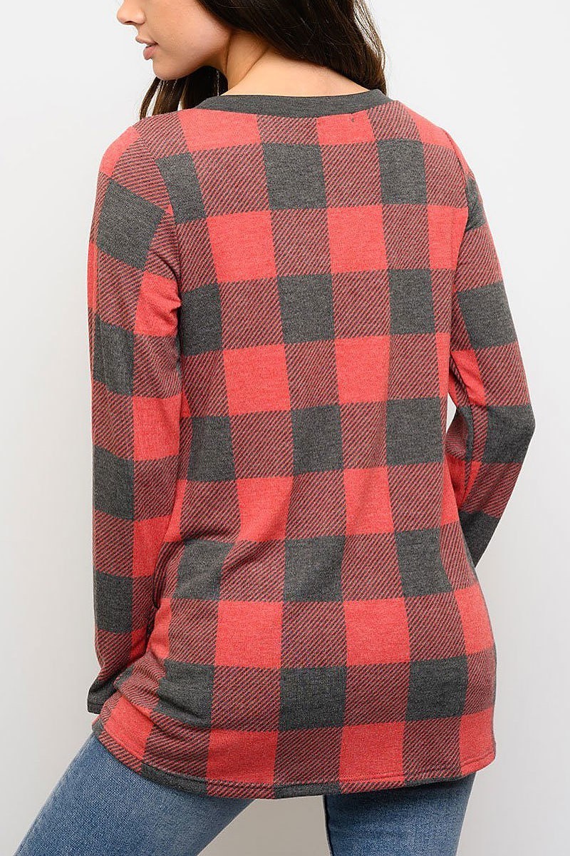 Tunic plaid print long sleeve top (EDWT3301)