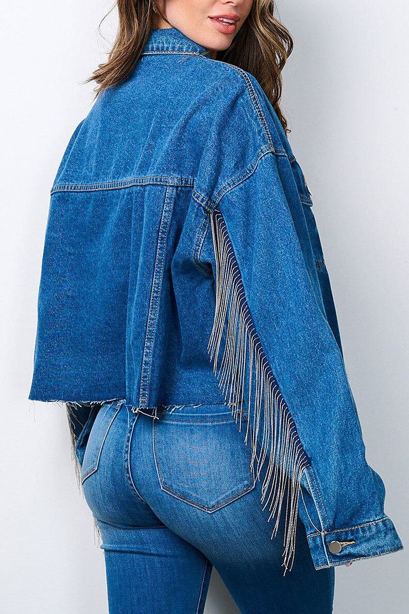 Stud fringe detailed raw edge denim jacket (EFWT7163)