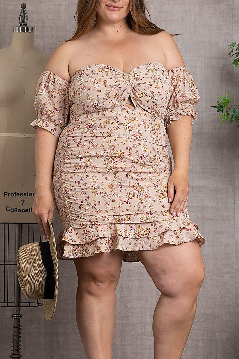 Smocked floral print off shoulder plus size mini dress (EDSW3056)