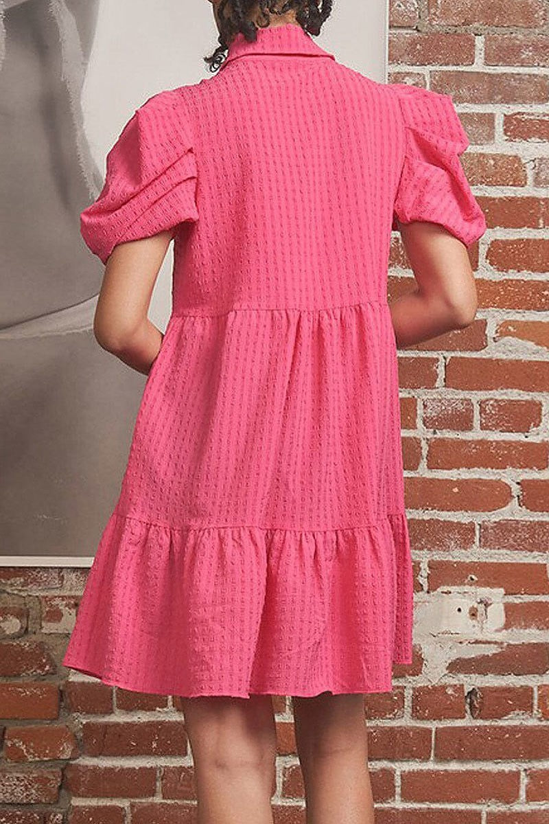 Puff sleeves button up pockets tiered mini dress (EFWT5709)