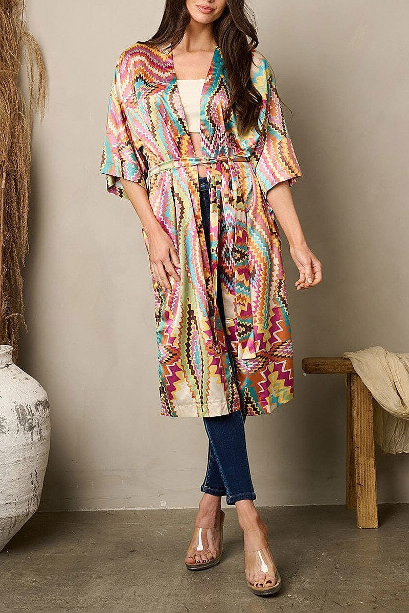 Quarter sleeve self tie multi print kimono (EFWT1760)