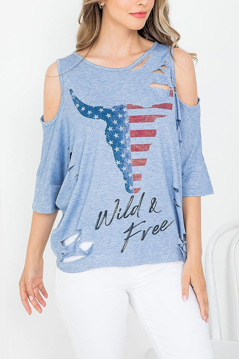 American bull head print wild n free distressed batwing top (EF3696)