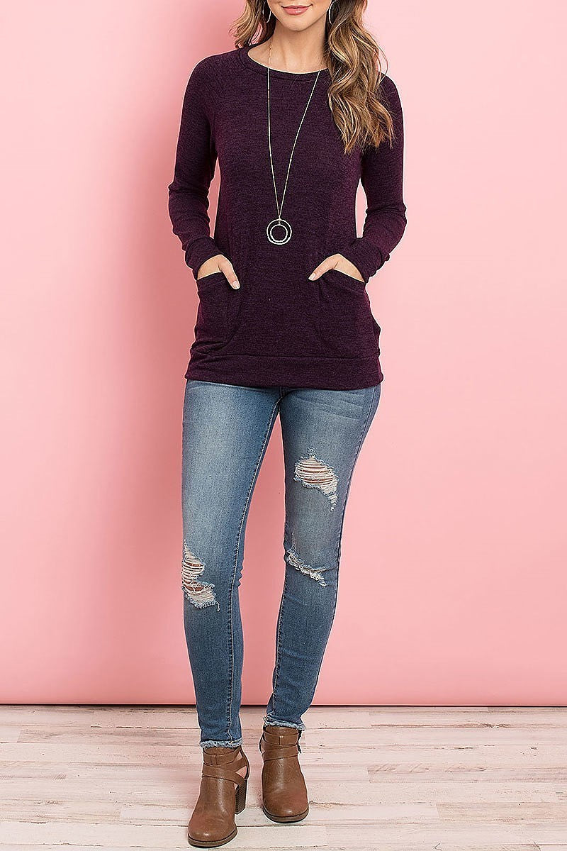 Knit front pocket long sleeved top (ED8327)