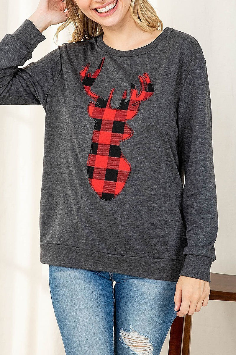 French terry long sleeve plaid reindeer print top (EF2506)