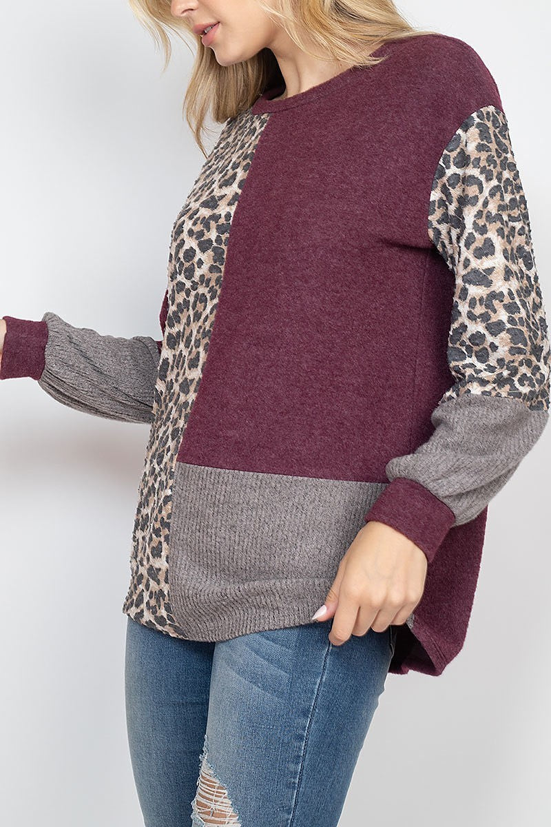 Long sleeve leopard contrast rib top (EF1967-1)