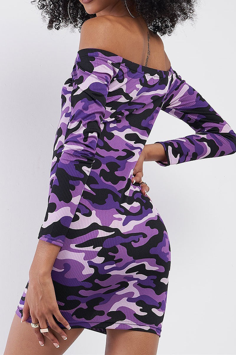 Off shoulder bottom front camo body con dress (TDG7676)