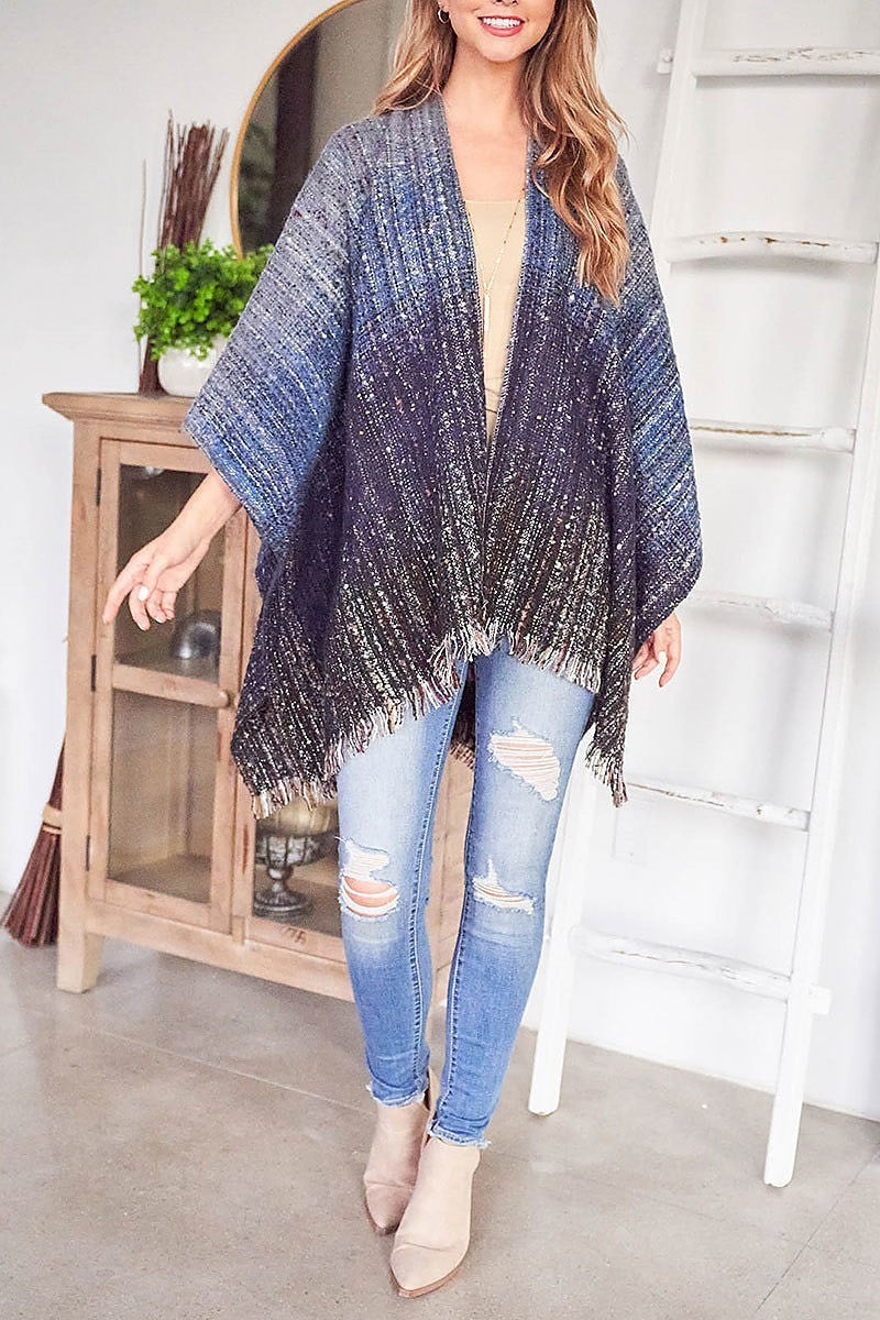 Fringe detail plaid poncho kimono (DGS5582)