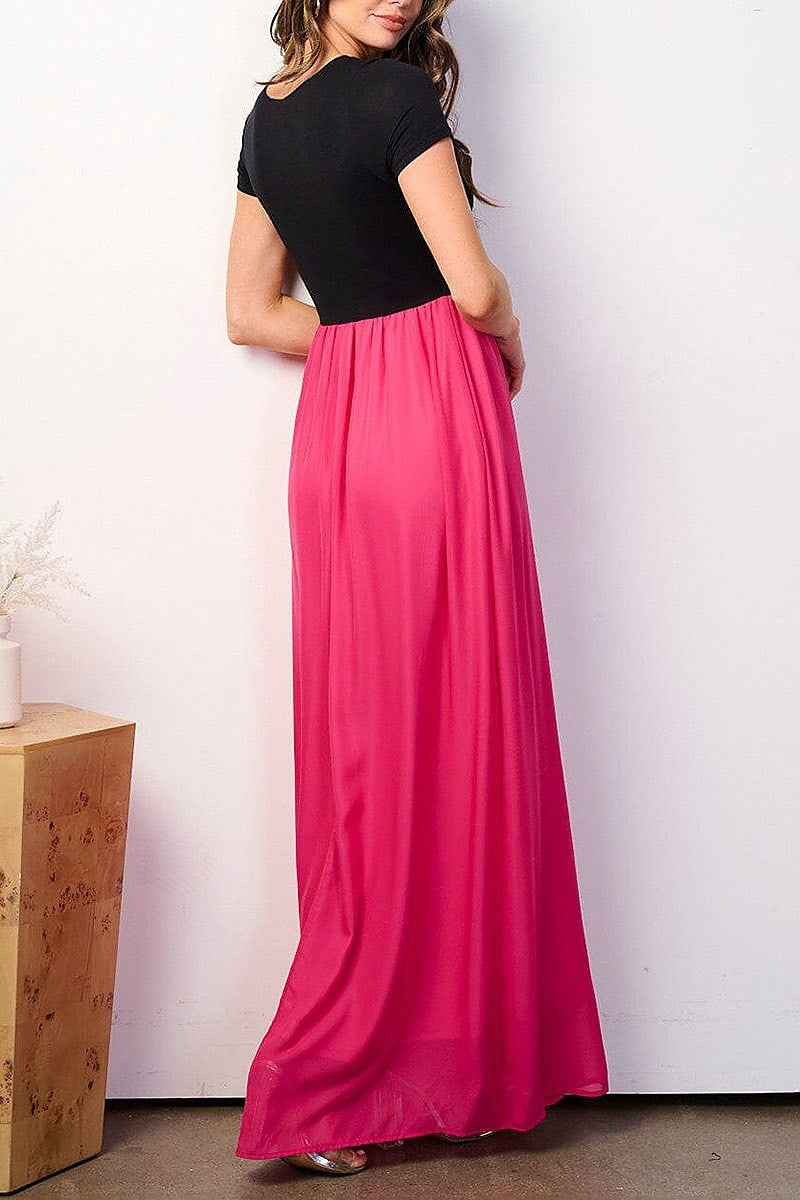 Short sleeve elastic waist colorblock maxi dress (EFWT8912)