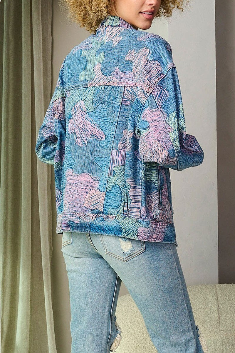 Long sleeve button closure printed denim jacket (EFWT9304-1)