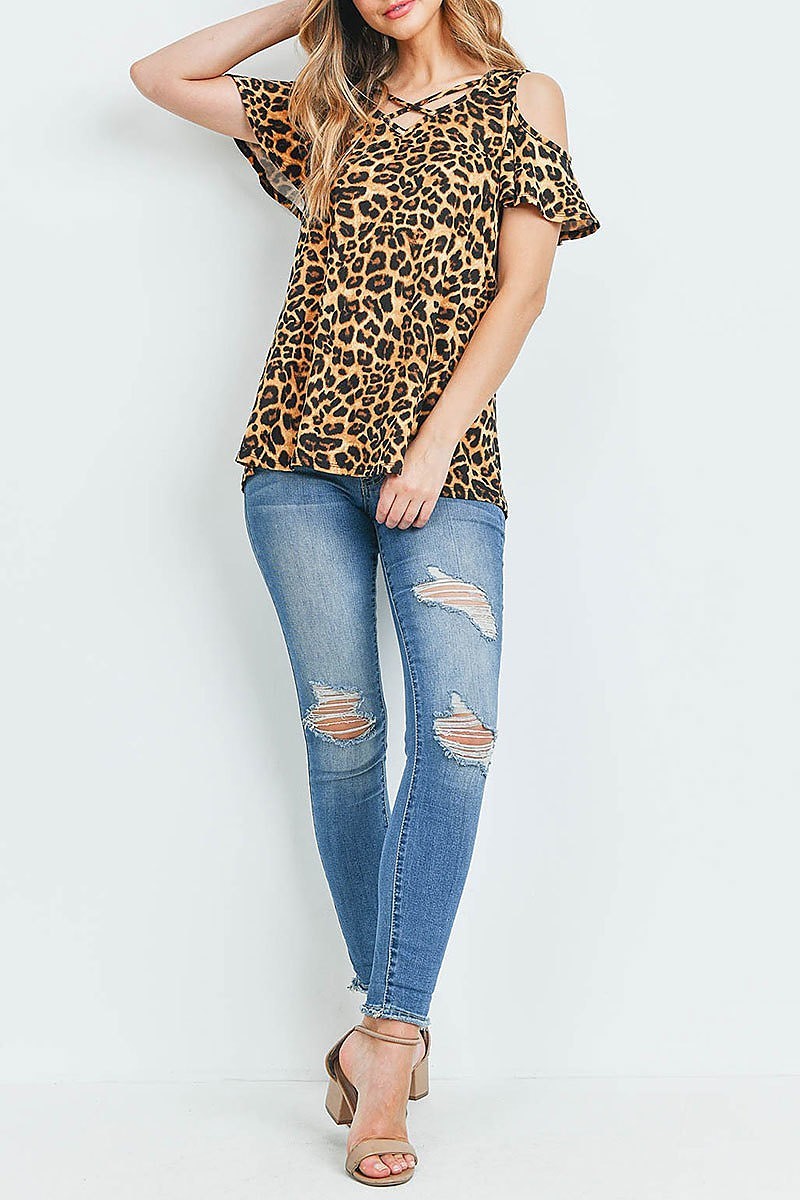 Animal print off shoulder crisscross neckline top (ED9318)