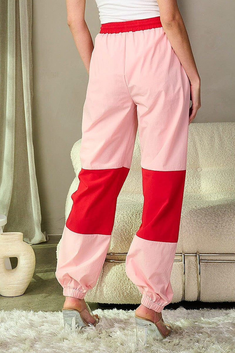 Elastic waist pockets colorblock jogger pants (EFWT8796)