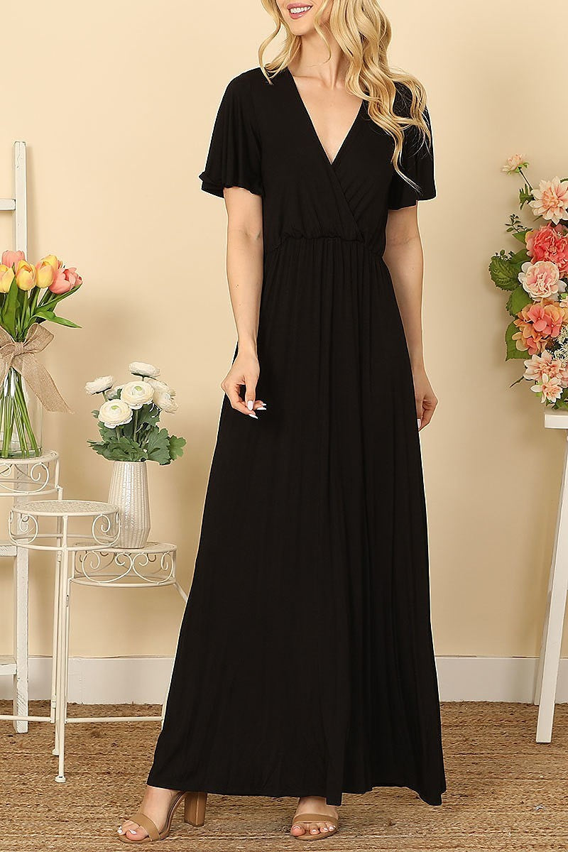 Bell sleeve surplice neck pleated waist maxi dress (DED9443)