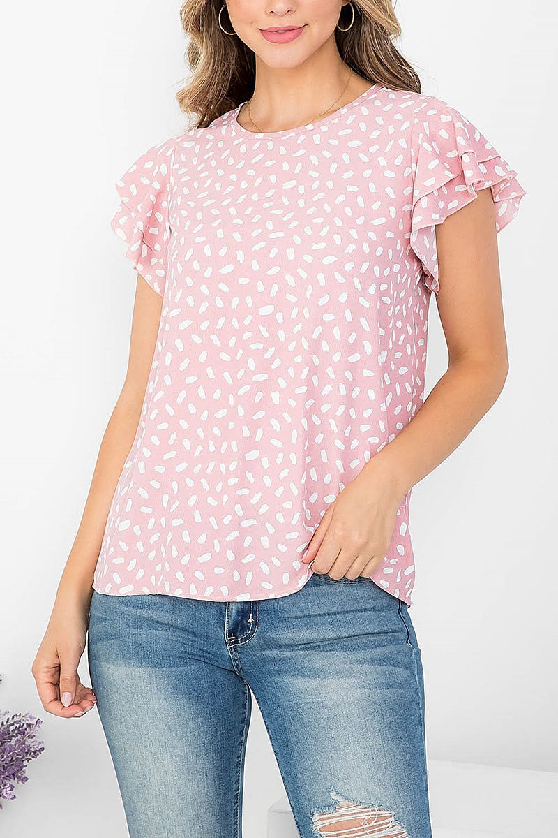 Printed butterfly sleeve round neck top (EF4374)