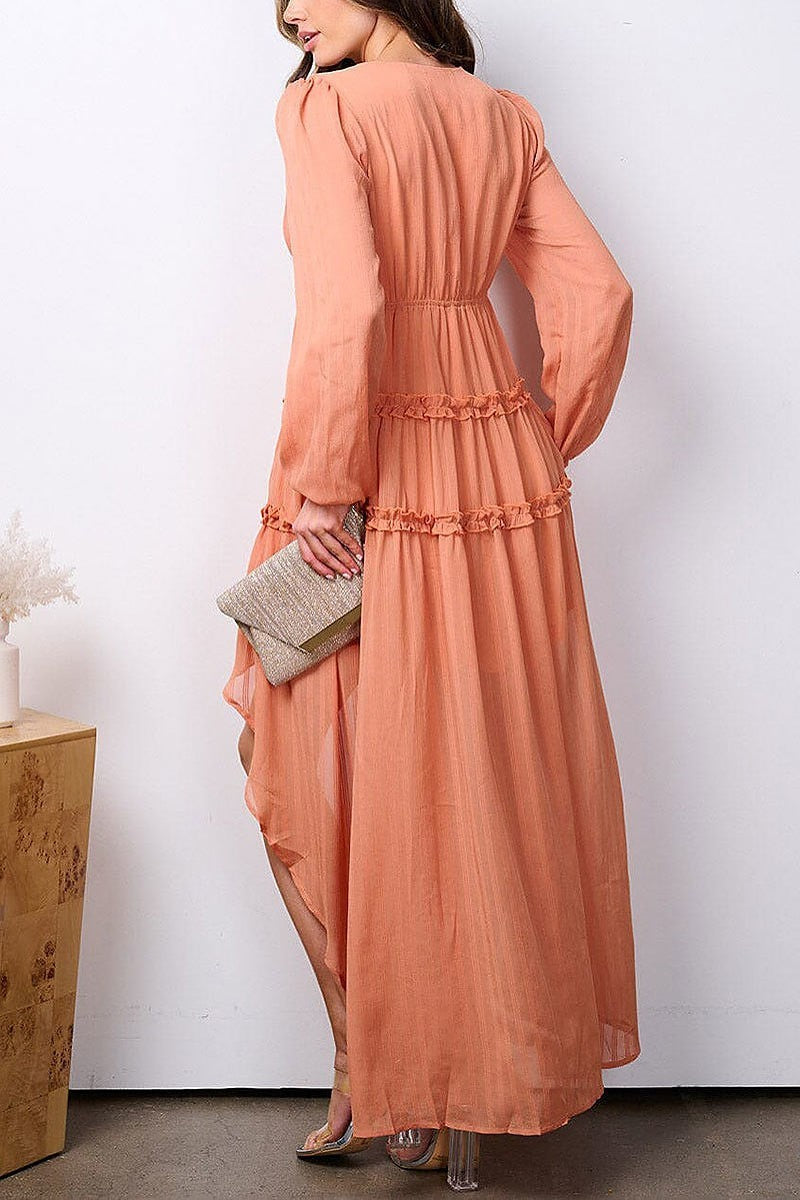 Long sleeve v-neck tiered high-low maxi dress (EFWT7598)