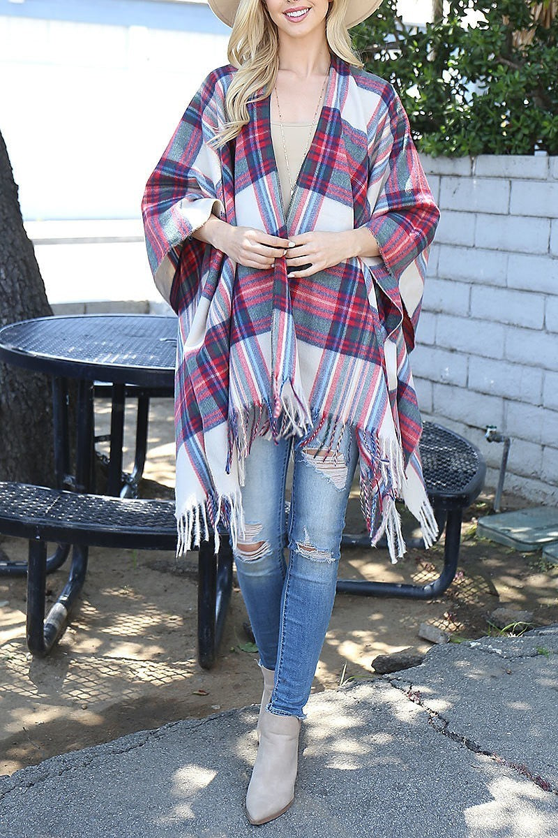 Plaid knit fringe open front kimono (DGS6070)