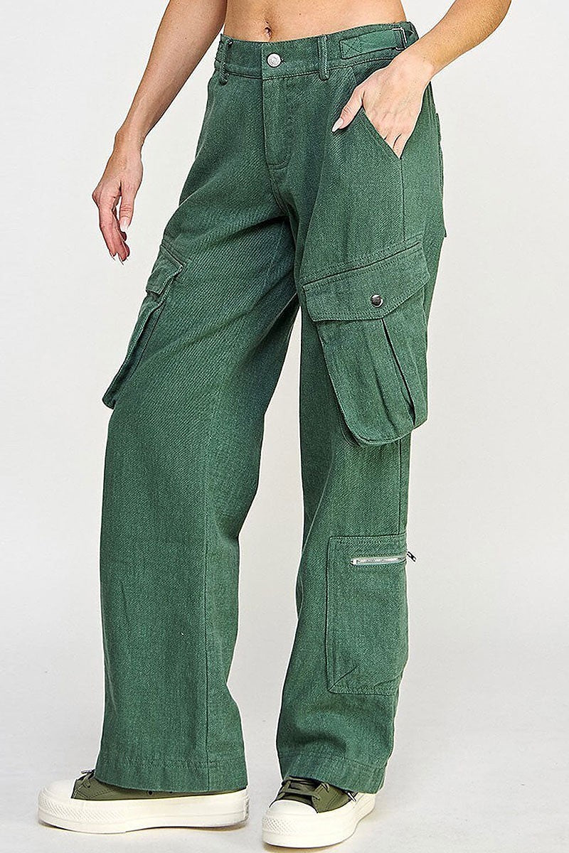 Button closure cargo pockets wide leg pants (EGWT2546)