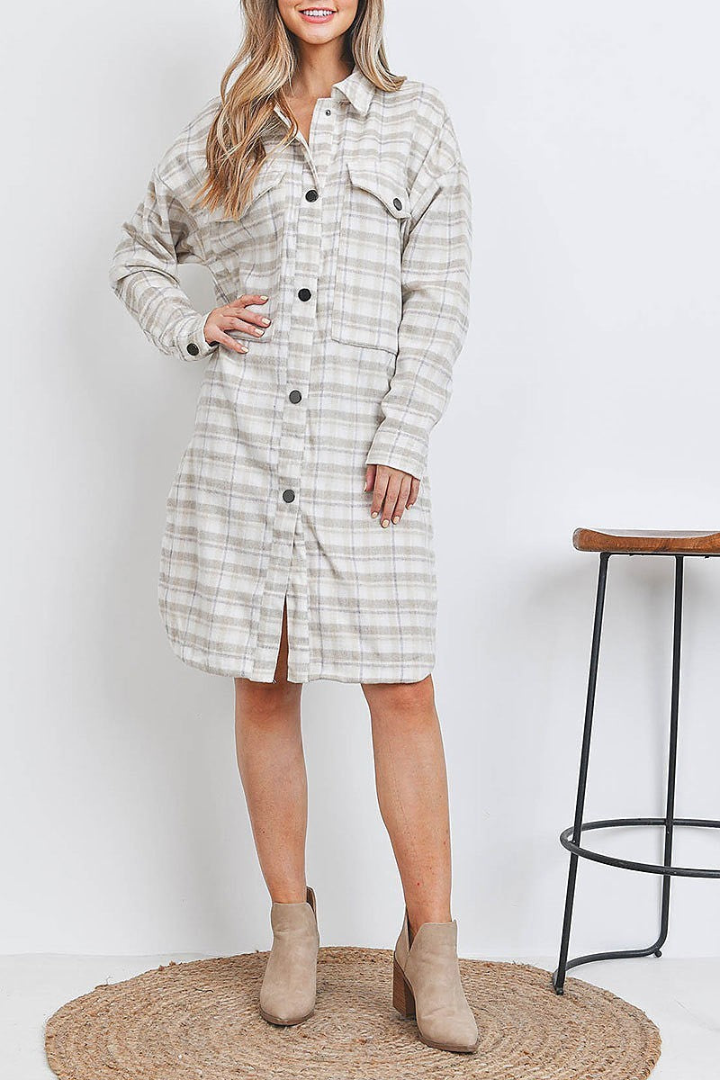 Button pocket plaid tunic midi dress (DED7048)