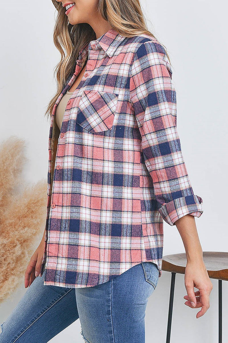 Sherpa fleece lined plaid flannel shirt top (EF2363)