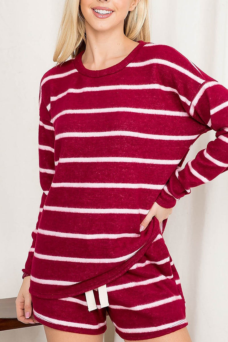 Stripe long sleeve top and shorts set with self tie (EF2889)