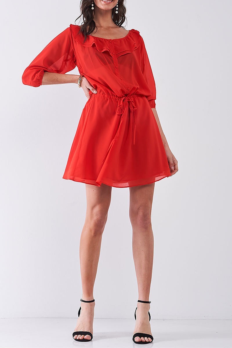 Button front ruffle detail bubble sleeve dress (TDG8382)