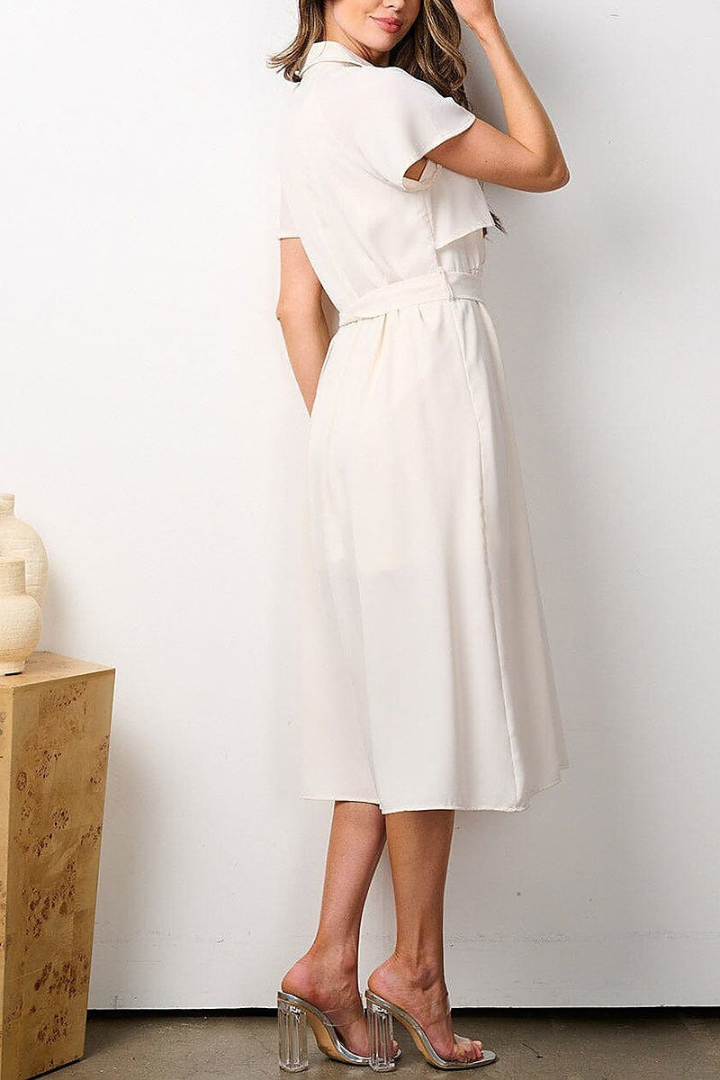 Short sleeves ruffle belted midi dress (EFWT7756)