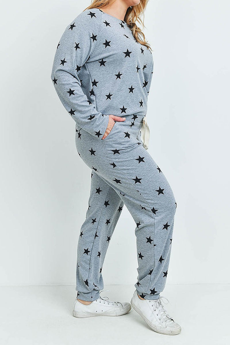 Plus size star print top and joggers set with self tie (XDG7033)