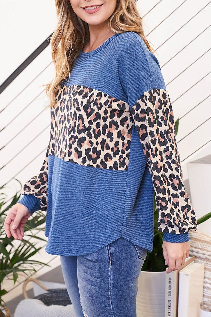 Leopard contrast long sleeve diamond rib top (EF2754)