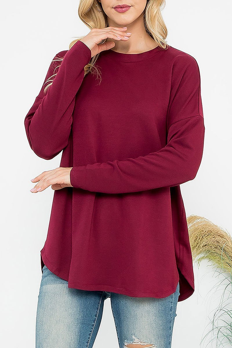 Long sleeve french terry rounded hem top (EF6920)