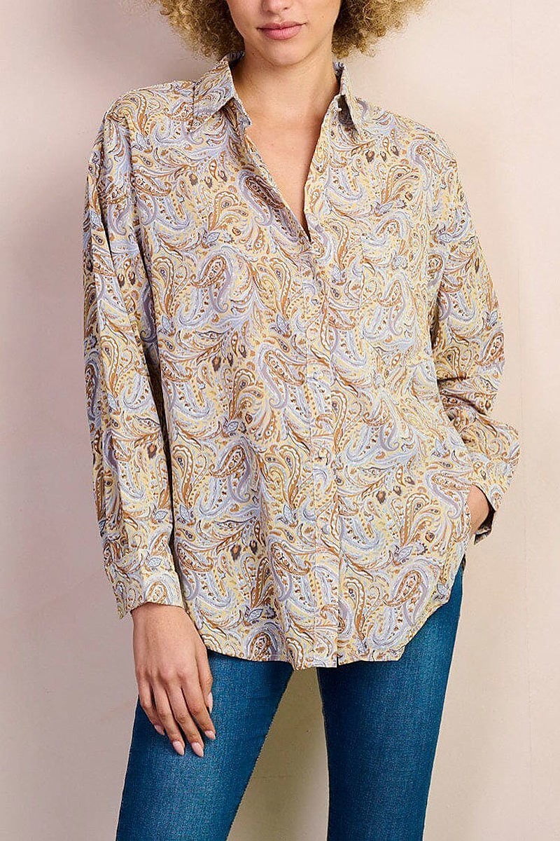 Long sleeve button up paisley print blouse top (EFWT8329)