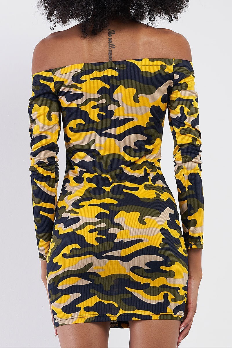 Off shoulder bottom front camo body con dress (TDG7678)