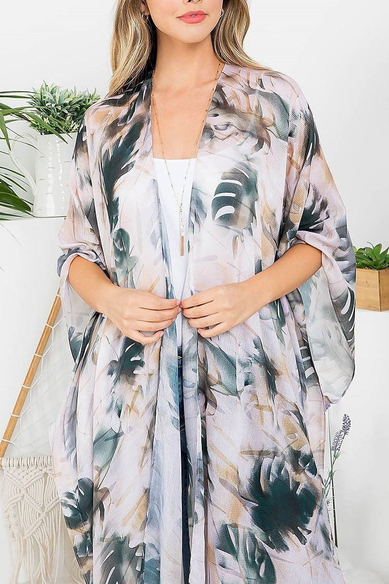 Leaf print bohemiian open front long kimono (EF4178)