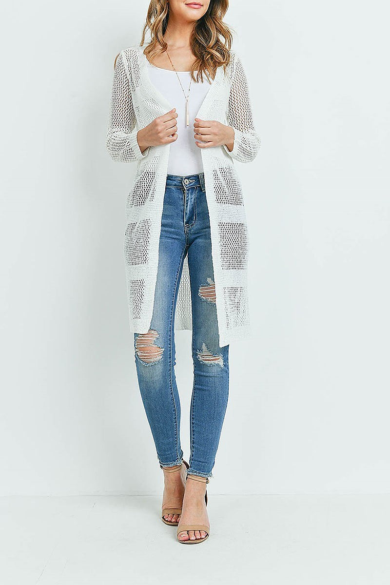 Sheer stripe long line crochet sheer cardigan (ED9492)